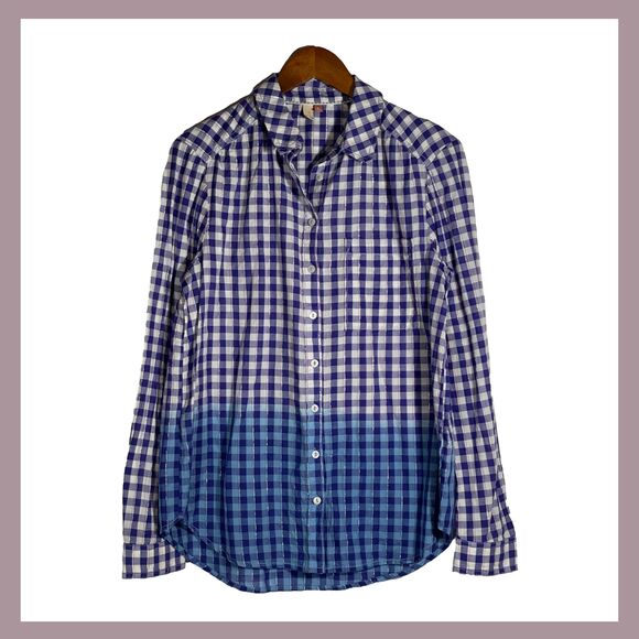 Anthropologie Pilcro Plaid Button Down Shirt Top Ombre Blue Silver Detail Medium - Picture 1 of 12